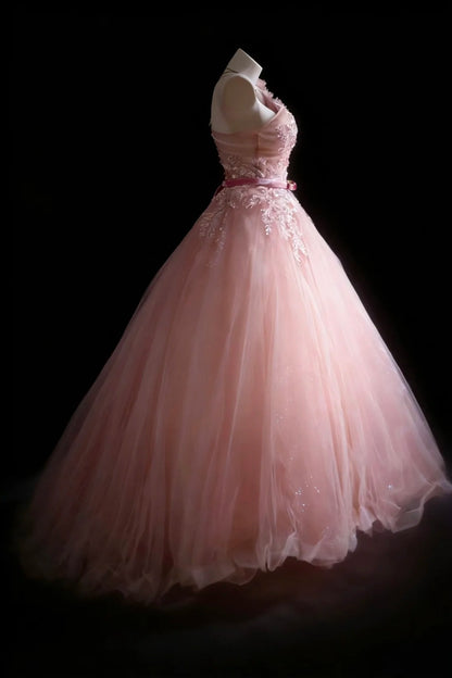 Hübsches Ballkleid für den Abschlussball, One Shoulder, Rouge Pink, Tüll mit Applikationen, langes Abendkleid N2954