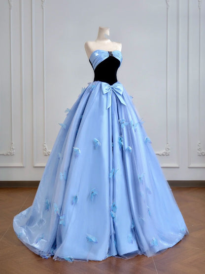 Zeitloses, trägerloses Ballkleid aus blauem Satin mit Schleife – Inspiration für lange Abendkleider und Partykleider N308