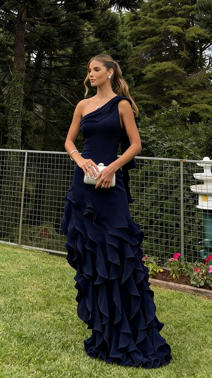 Simple Mermaid One Shoulder Light Sky Blue Chiffon With Ruffles Long Prom Dresses Impress Wedding Guest Dress Party Gown N289