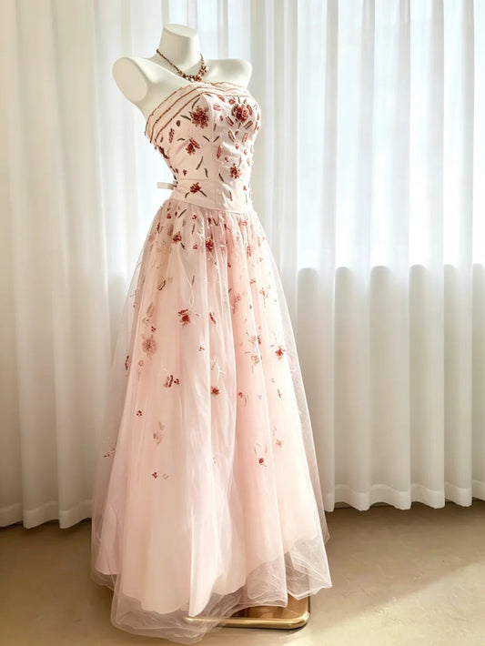 Vintage Prom Dresses A line Strapless Pink 80s With Beading Long Formal Evening Outfits N4206