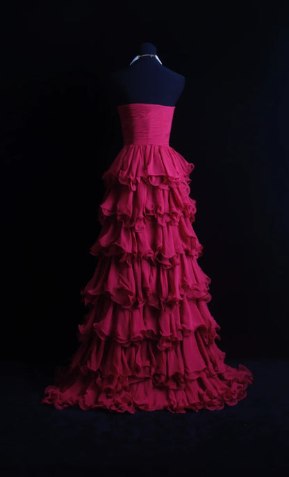 Retro-A-Linien-Abendkleid mit Herzausschnitt, rosa Chiffon-Lagen, Stufenrock, Inspiration für lange Abendkleider im Stil der 2000er Jahre, Outfit für den 19. Geburtstag, formelles Kleid N501