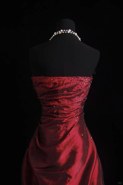 Vintage Prom Dresses 1960s Ball Gown Strapless Burgundy Wine Red Satin Floor Length Sleeveless Evening Formal Outfits RB4932