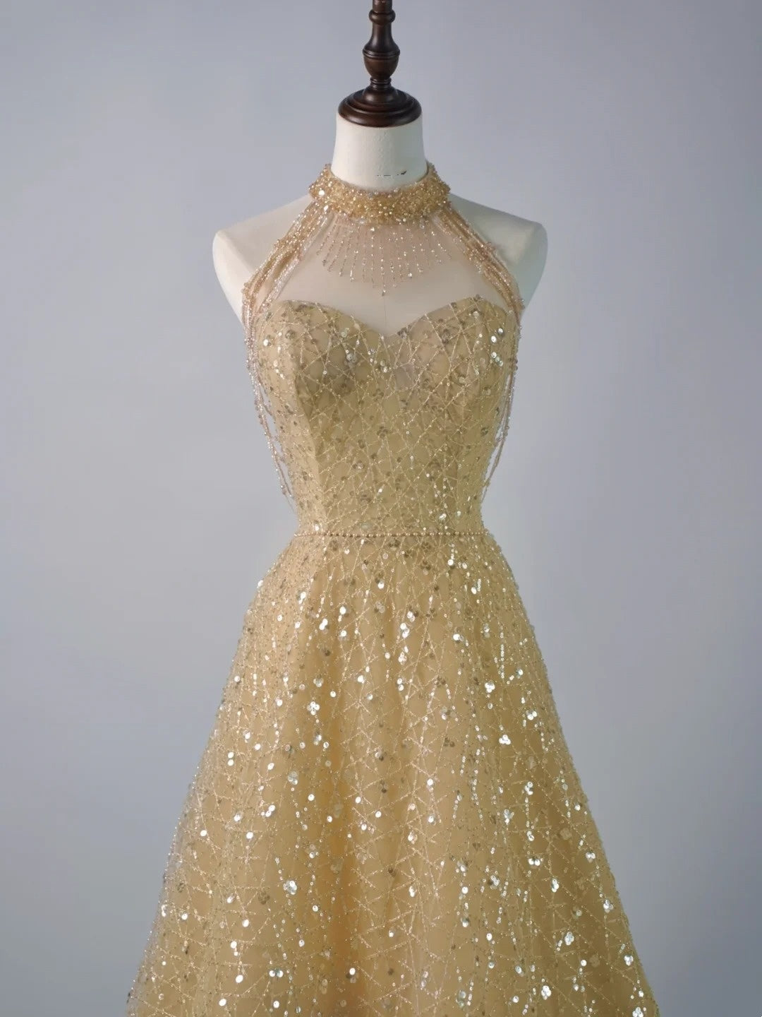 Robe de bal longue à paillettes jaunes, col montant, pour lycéennes (N1290)