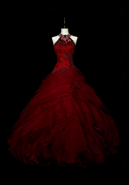 Robe de bal vintage dos nu en tulle bordeaux, robe de quinceañera longue, taille 15, Vestidos De Fiesta N1480