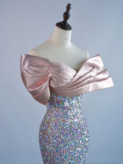 Sparkly Mermaid Off The Shoulder Silver Sequin Short Sleeves Long Prom Dresses Formal Gowns Evening Dress N685