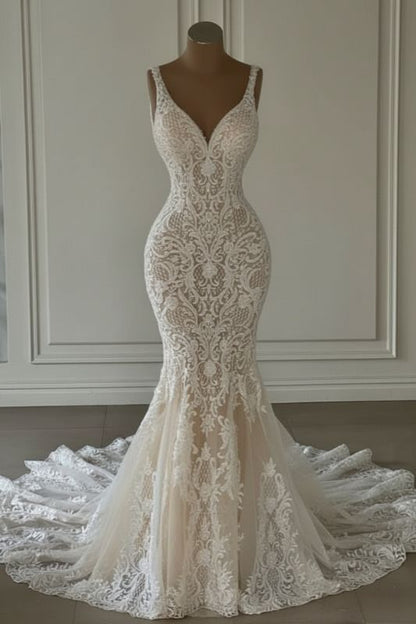 Meerjungfrauen-Hochzeitskleid aus Spitze mit herzförmigem V-Ausschnitt, langem Brautkleid mit Schleppe AB1708
