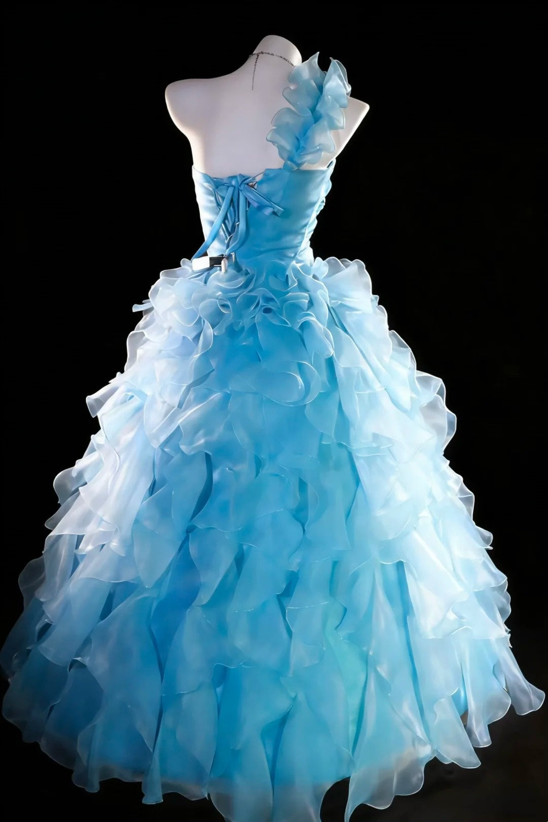 Fairy Ball Gown One Shoulder Ice Blue Tiered Layers Organza Quince Prom Dresses Quinceanera Dress N2965