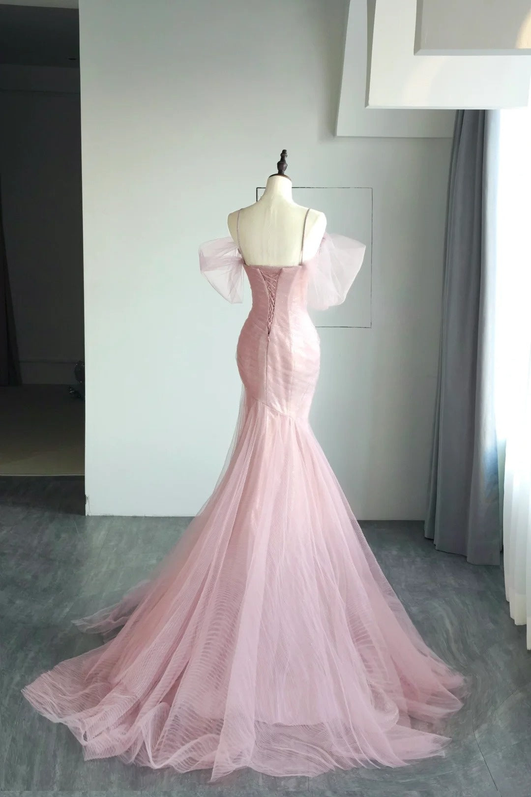 Magnifique robe de bal sirène rose en tulle à fines bretelles, sans manches, longue et élégante, AB336