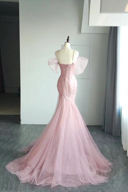 Magnifique robe de bal sirène rose en tulle à fines bretelles, sans manches, longue et élégante, AB336