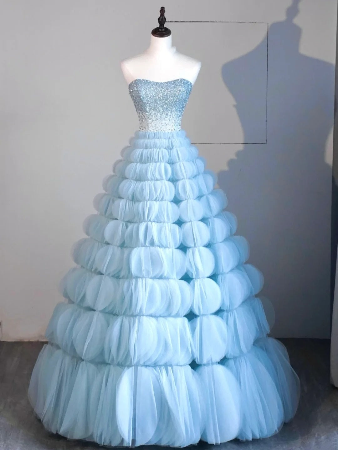 Robe de bal de princesse bustier en tulle bleu, tenue de soirée pour l'université, robe de fin d'année pour adolescentes N1351