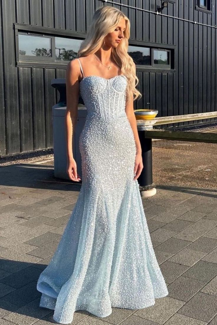Shiny Royal Blue Mermaid Spaghetti Straps Long Beaded Prom Dress Party Gowns RB1671
