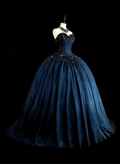 Vintage Ballkleid mit Herzausschnitt, marineblauer Tüll, 80er Jahre, Abendkleid, formelles Kleid zum 16. Geburtstag, langes Ballkleid N1757