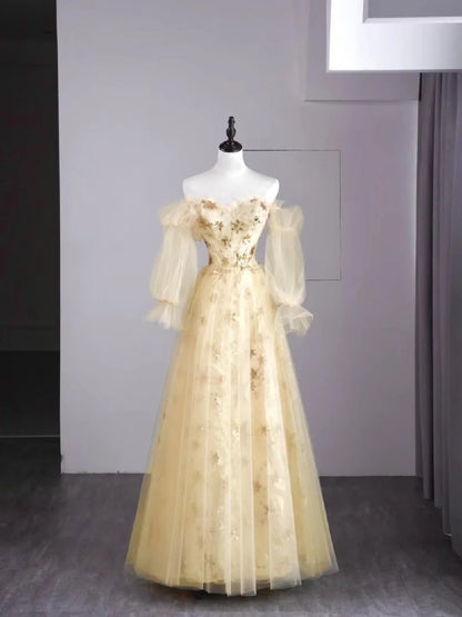 Vintage Night Aesthetic Ball Gown Strapless Tulle Yellow College Formal Sweet 16 Outfit Long Prom Dresses For Teens N1163