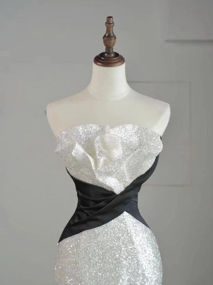 Beautiful Mermaid Strapless White Sequin Long Prom Dresses Formal Gowns Inspo Evening Outfit N236