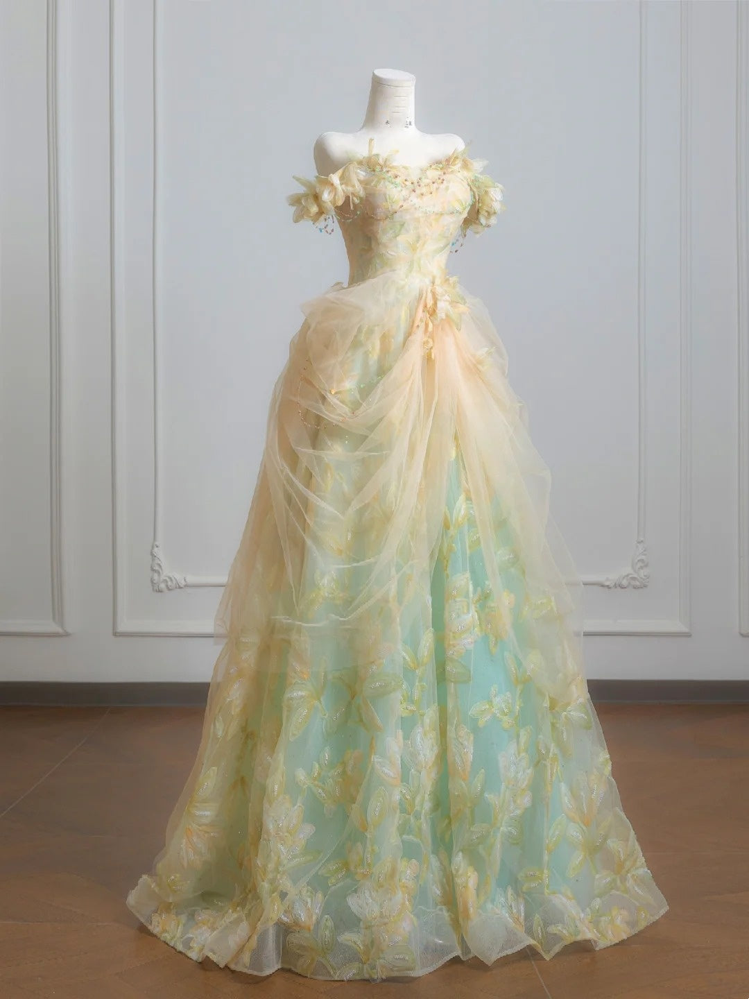 Märchenhaftes Ballkleid, schulterfrei, grüner, geblümter Tüll, langes, formelles Abendkleid, formelles Geburtstagskleid, Ballkleid N729