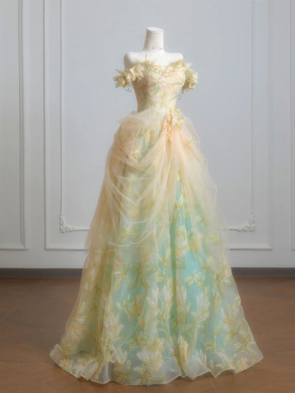 Märchenhaftes Ballkleid, schulterfrei, grüner, geblümter Tüll, langes, formelles Abendkleid, formelles Geburtstagskleid, Ballkleid N729