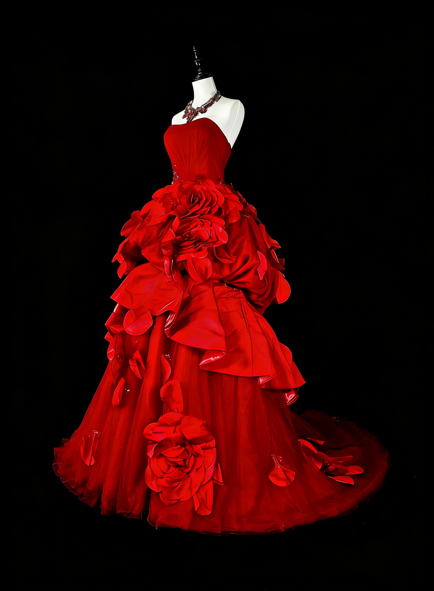 Robes de bal vintage pour le bal de promo, bustier sans bretelles en tulle rouge avec fleurs 3D, longue robe de soirée N2378