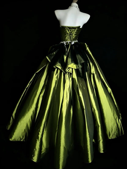 Princess Ball Gown Strapless Olive Green Satin With Ruffles Sweet 16 Dresses Quinceanera Dress N4190