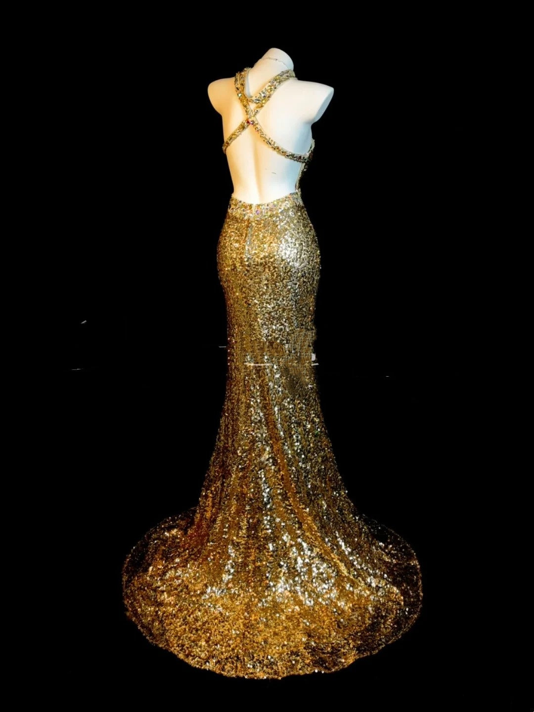 Superbes robes de bal sirène licou à paillettes dorées, dos nu, sans manches, tenues de soirée formelles N3787