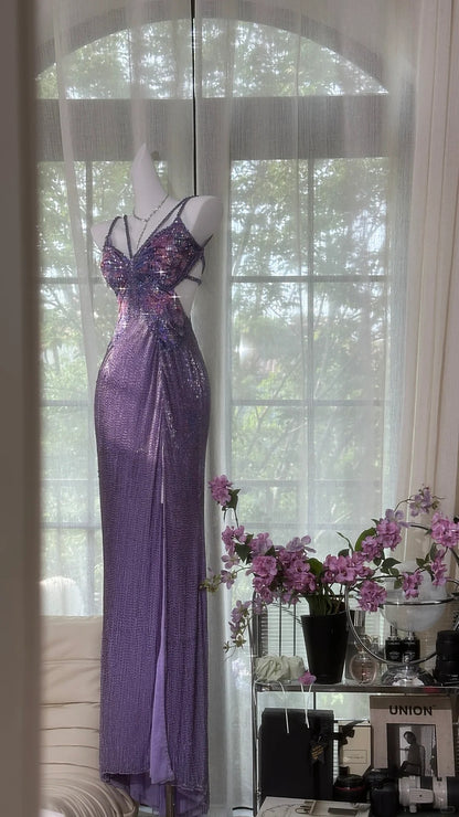 Elegante Ballkleider Meerjungfrau Spaghettiträger Lila Pailletten Schlitz Bodenlang Formelle Abendgarderobe N3532