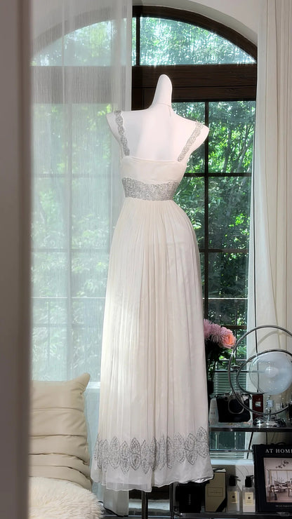Flamboyant A Line Square Neck Chiffon White With Beaded Bodice Long Date Night Evening Outfit Formal Prom Dresses RB5278
