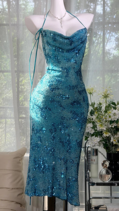 Classic Mermaid Halter Blue Sequin With Beads Midi Tea Length Prom Dresses Inspo Formal Outfits RB4509