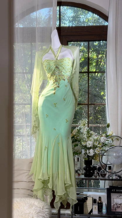 Klassisches Meerjungfrau Neckholder Grün Chiffon Mit Schal Knöchellang Abschlussballkleider Inspo Formelle Outfits RB4511