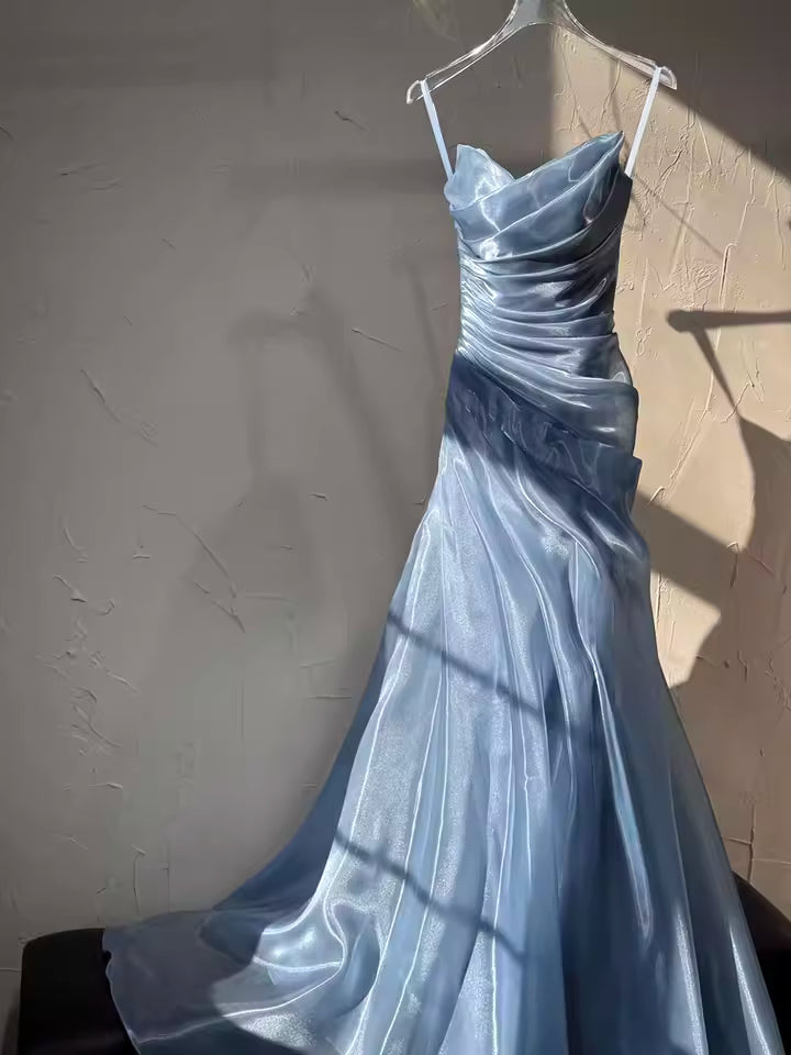 Hellblaues, trägerloses, plissiertes Ballkleid, Abendkleid, formelles, halbformelles, langes Abschlussballkleid für Teenager AB1993