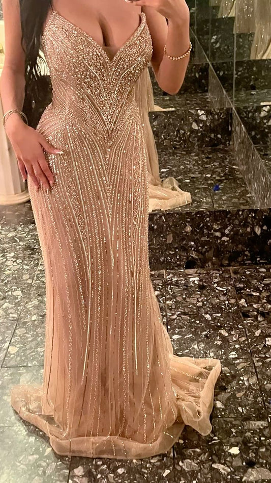 Sexy Meerjungfrauen-Abendkleid mit Spaghettiträgern, champagnerfarbenem Tüll, ärmellos, langes formelles Partykleid N1411