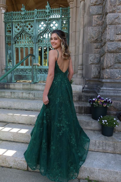Robe de bal vert foncé en tulle, coupe trapèze, bretelles spaghetti et dentelle, modèle AB461