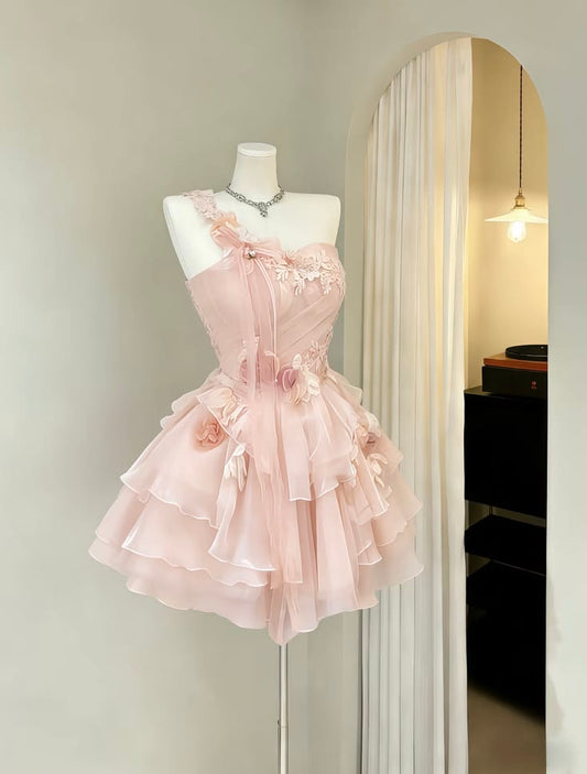 Cute Ball Gown One Shoulder Pink Chiffon For Teens Girls Mini Senior Inspo Short Birthday Outfits Homecoming Dress RB3035