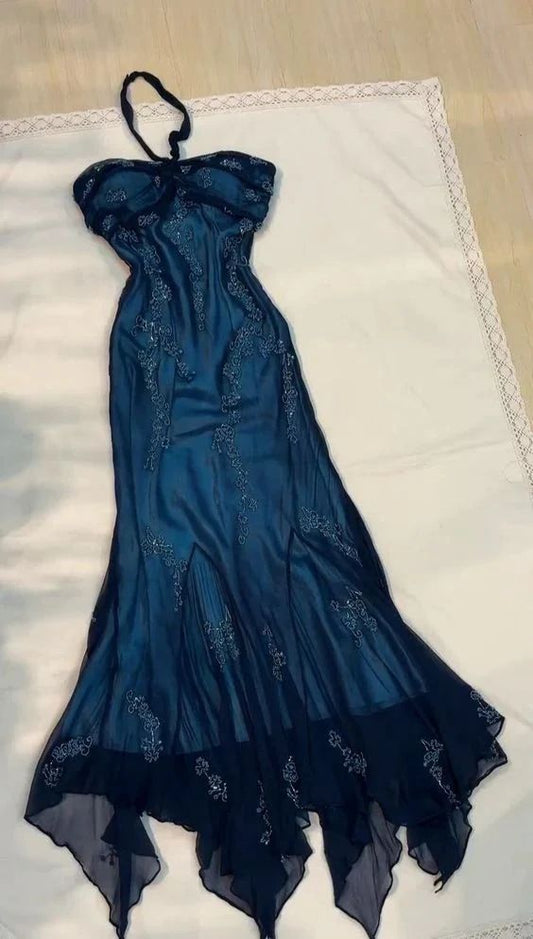 Vintage Meerjungfrauen-Kleid aus Chiffon in Türkis mit hohem Kragen und Perlenapplikationen, formelles Abendkleid, Maxikleid, Ballkleid, ästhetisches Partykleid für Damen AB1204