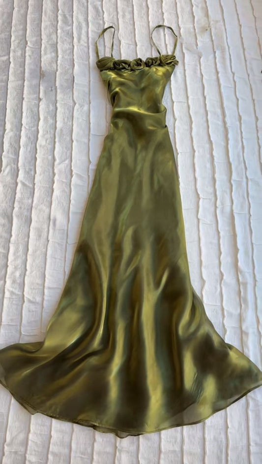 Simple A Line Spaghetti Strap Olive Green Long Prom Dresses Senior Graduation Dance Evening Outfits N032