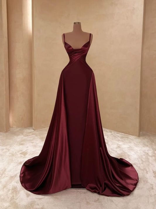 Elegante Ballkleider-Inspiration: Meerjungfrauen-Spaghettiträger, burgunderrot, plissiert, lang, semi-formell, Tanz-, Abschlussballkleid für Teenager AB2079