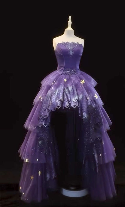 Elegantes, trägerloses, lila Satin-Abendkleid mit Spitze und asymmetrischem Saum, langes Partykleid, Abschlusskleid, formelles Abendkleid AB1959