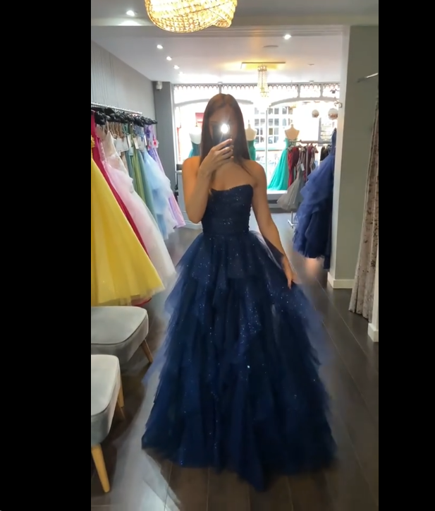 Robe de bal longue bleu marine sans bretelles en tulle perlé, robe de soirée élégante AB323