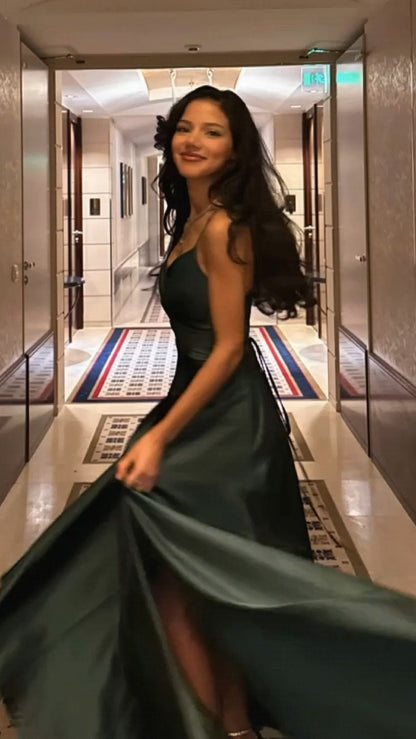Vintage A Line Spaghetti Strap Dark Green Satin Slit Prom Dresses For Teens Formal Dress Party Outfits Prom Gowns AB1034