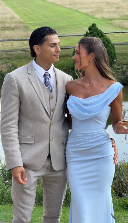 Sexy Meerjungfrau, schulterfrei, hellblau, Chiffon mit Falten, Abendkleider für Frühling, Sommer, Strand, formelle Anlässe, Hochzeitsgäste N2558
