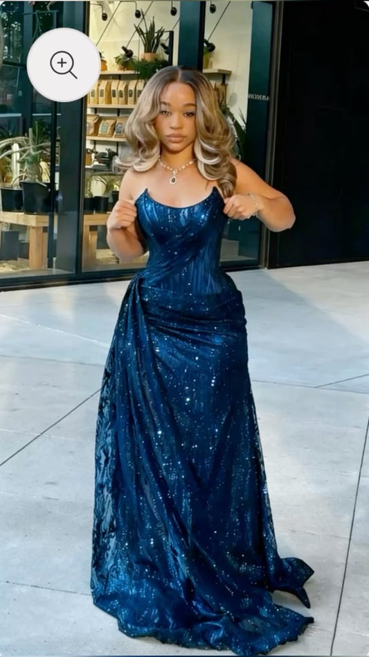 Sparkly Strapless Navy Blue Long Party Dress Prom Dresses Sequin Mermaid Bodycon For Women N4092