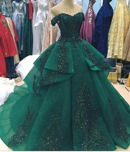 Robe de bal modeste à épaules dénudées, en tulle et dentelle vert émeraude, manches longues, robe de soirée AB1093