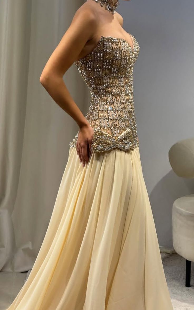 Robe de bal longue sirène vintage sans bretelles en mousseline jaune, inspiration robe de soirée formelle robe de bal N189