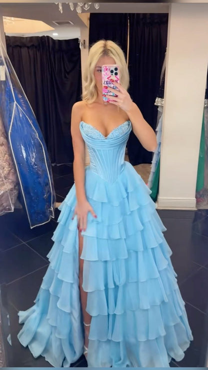 Robe de bal modeste en mousseline bleue à décolleté cœur, corset multicouche, robe de soirée princesse AB149