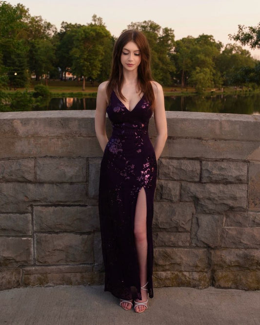 Robe de bal sirène longue fendue violette, robe de soirée formelle et scintillante AB1590