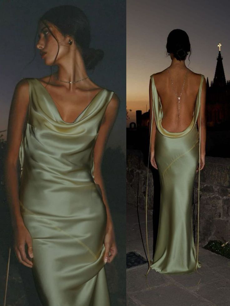 Bescheidenes Meerjungfrauen-Kleid mit Wasserfallausschnitt in Salbeigrün, aus Satin, rückenfrei, Abendkleid, Frühling, Sommer, Strand, formelles Kleid für Hochzeitsgäste N2559