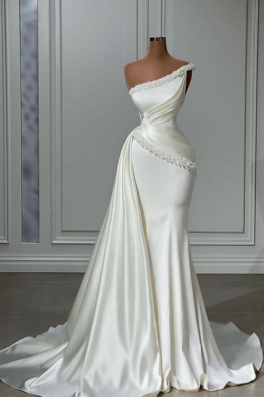 Mermaid One Shoulder Asymmetrical Beaded Floor-length Sleeveless With Side Train Prom Dress AB965