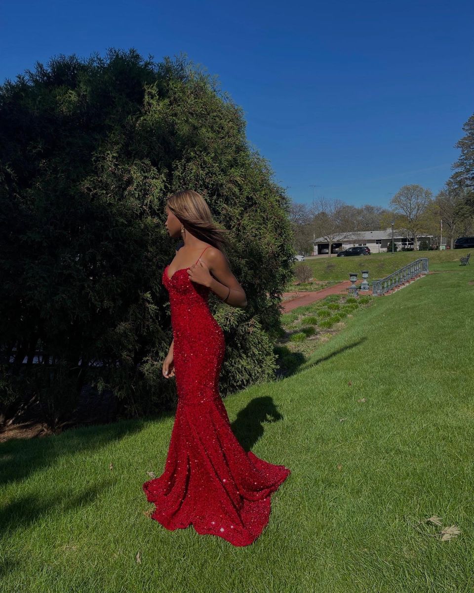 Rotes, langes Meerjungfrauen-Abendkleid mit V-Ausschnitt, Ballkleid, Geburtstagsoutfit, Ballkleid AB934