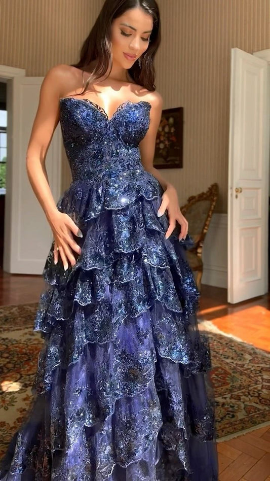 Elegant Navy Blue A-line Strapless Lace Prom Dress Tiered Skirt High Split AB924