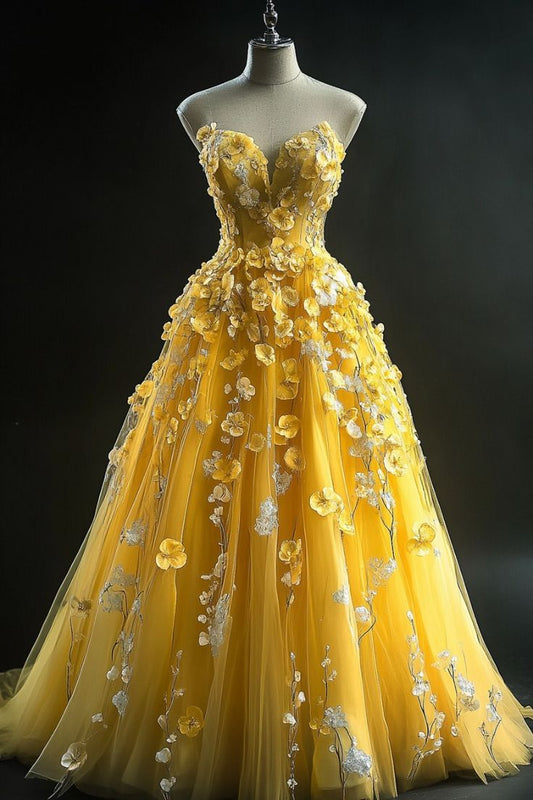 Luxuriöses Ballkleid mit Herzausschnitt, gelb mit Blumenmuster, Abschlussballkleid 2026, 16. Geburtstagskleid für Damen, formelles Abendkleid AB1208
