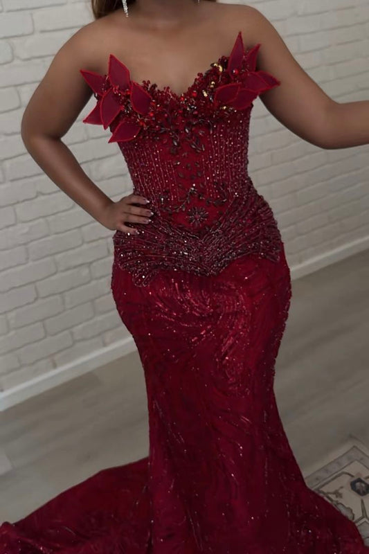 Elegantes, trägerloses Meerjungfrauenkleid in Burgunderrot mit Perlenstickerei, langes, formelles Abendkleid für Ball, Dinner und Party AB2081