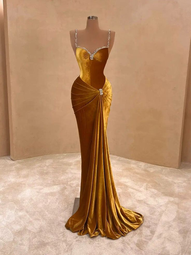 Robe de bal longue sirène sexy à bretelles spaghetti en velours doré, tenue de soirée pour la remise des diplômes N449